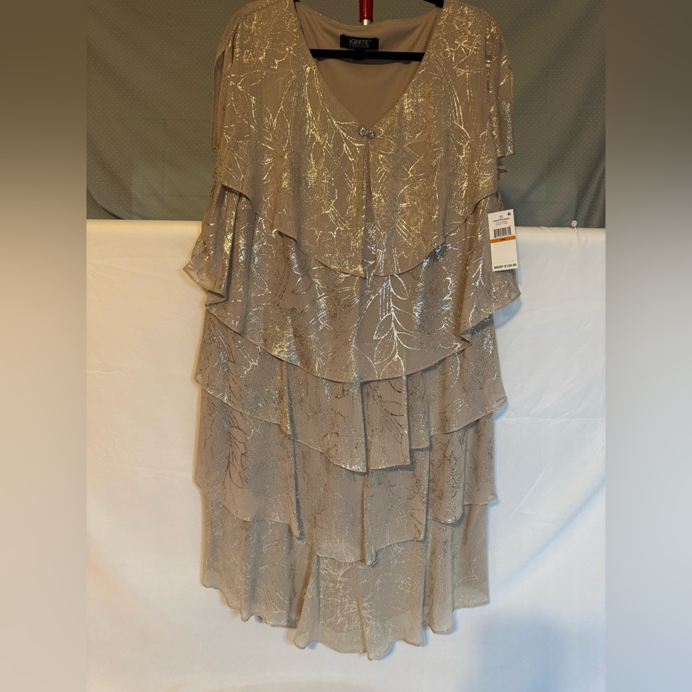 Kiyonna Taupe Layered Ruffle Midi Dress with Metallic Leaf Detail